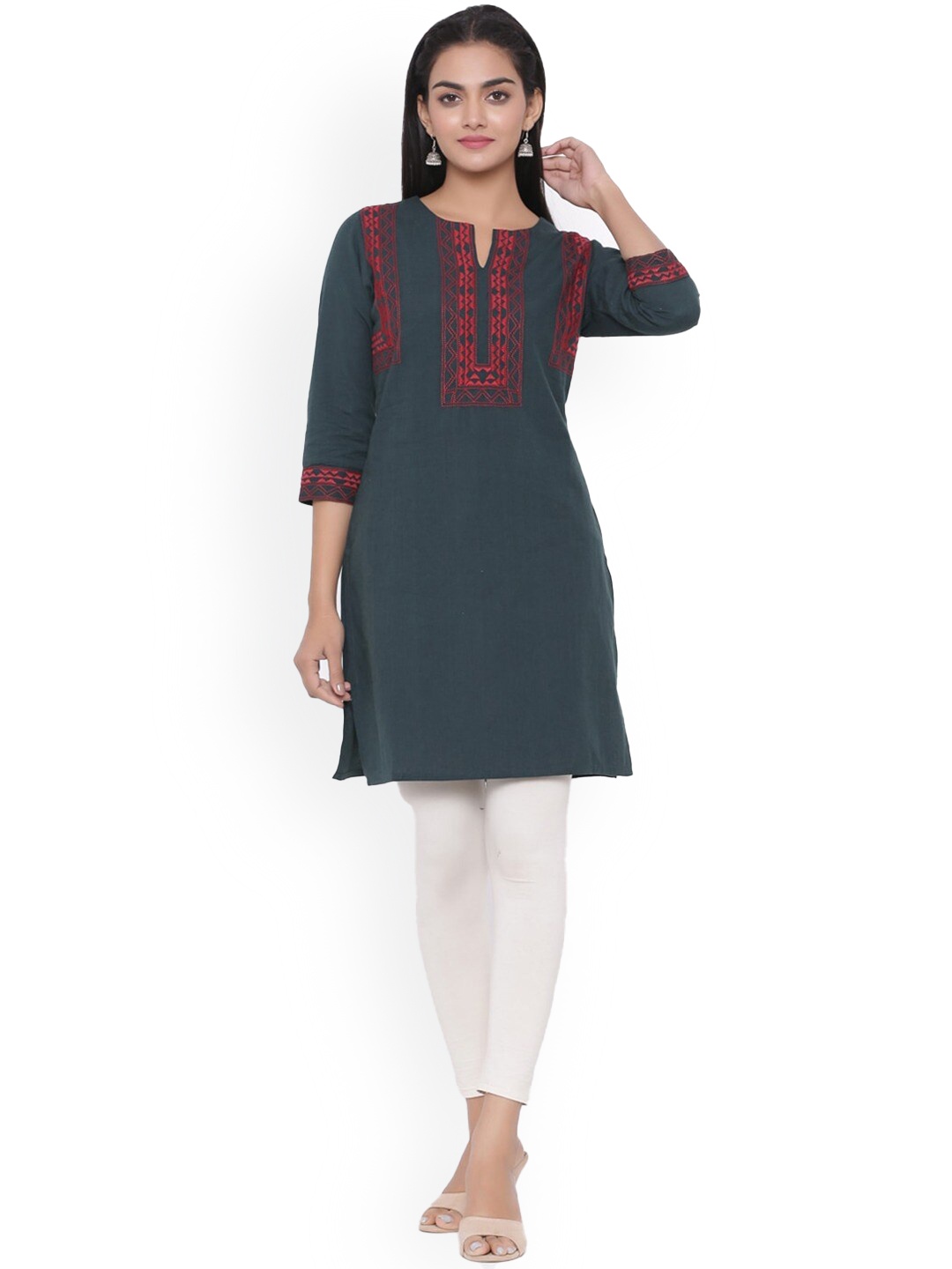 

fabGLOBAL Geometric Embroidered Thread Work Kurta, Grey
