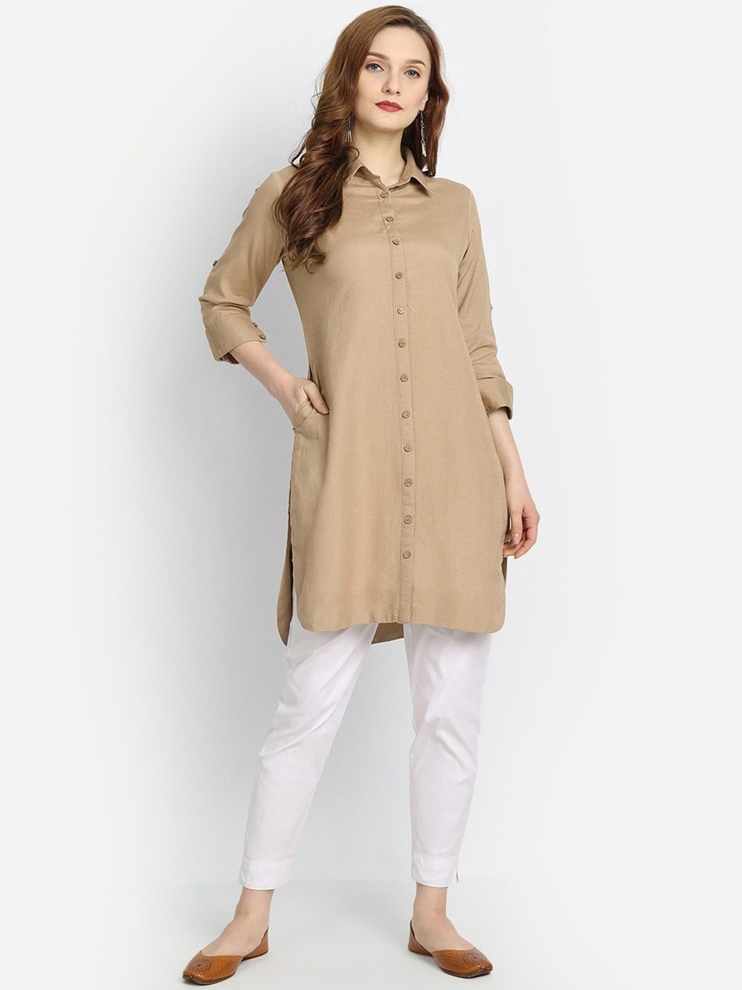 

fabGLOBAL Women Roll Up Sleeves Straight Fit Kurta, Khaki