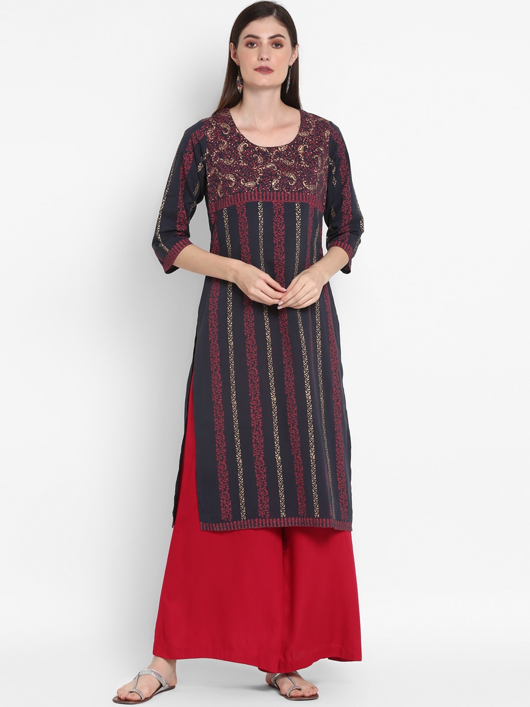 

ZOEYAMS Ethnic Motifs Printed Block Print Kurta, Navy blue