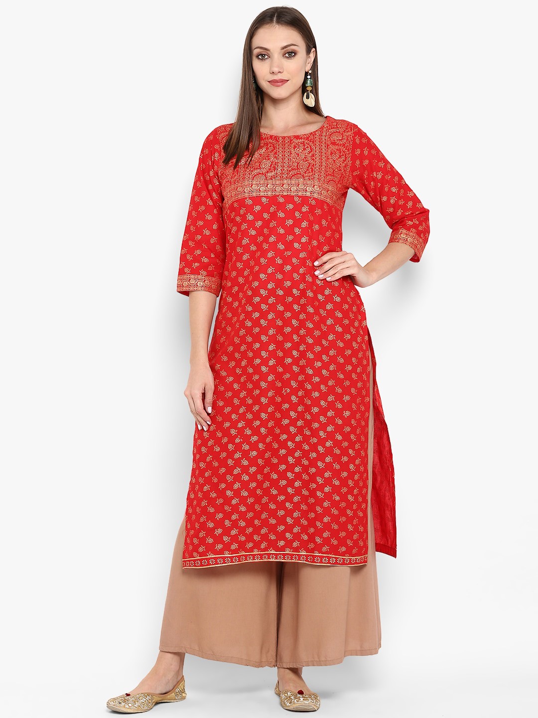 

ZOEYAMS Ethnic Motifs Printed Block Print Kurta, Red