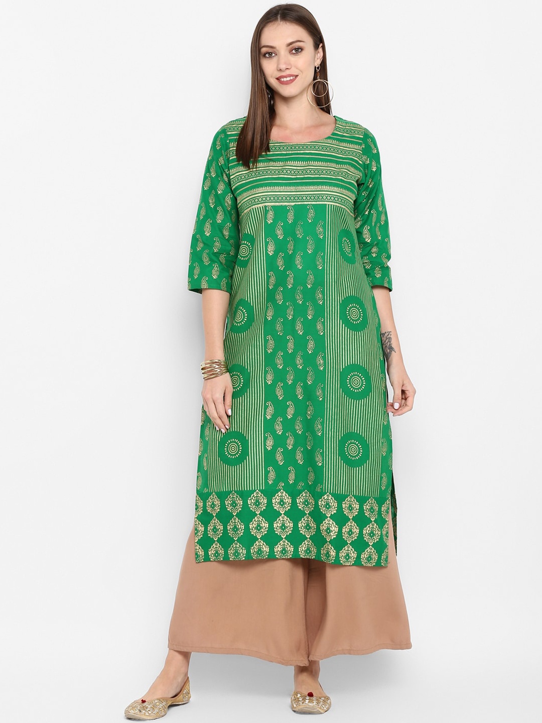

ZOEYAMS Ethnic Motifs Printed Block Print Kurta, Green