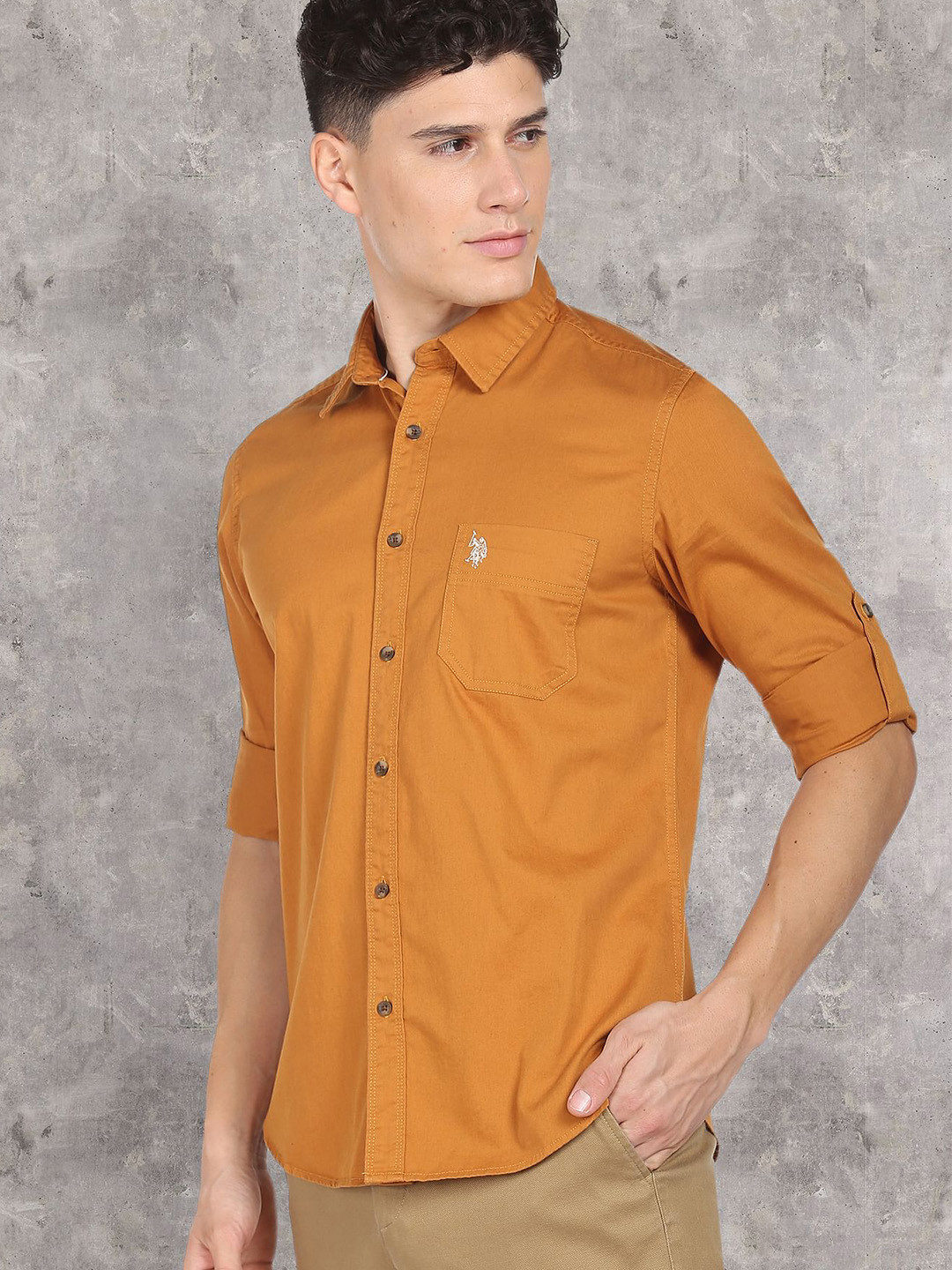 

U S Polo Assn Denim Co Men Cotton Roll-Up Sleeves Casual Shirt, Yellow