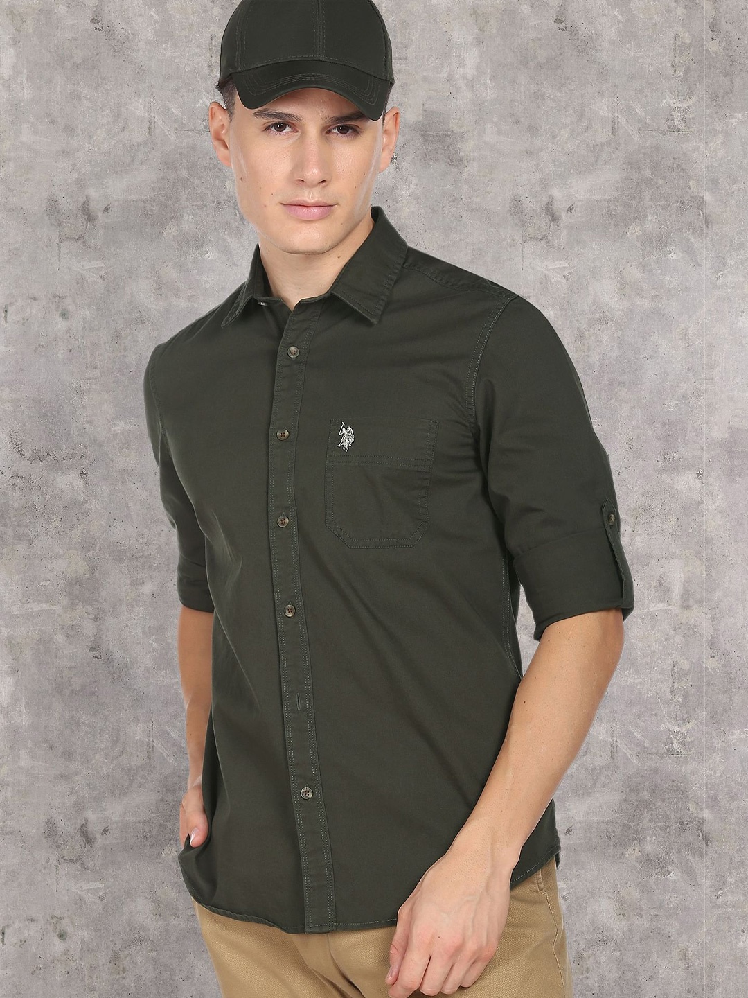 

U.S. Polo Assn. Denim Co. Men Cotton Roll-Up Sleeves Casual Shirt, Green