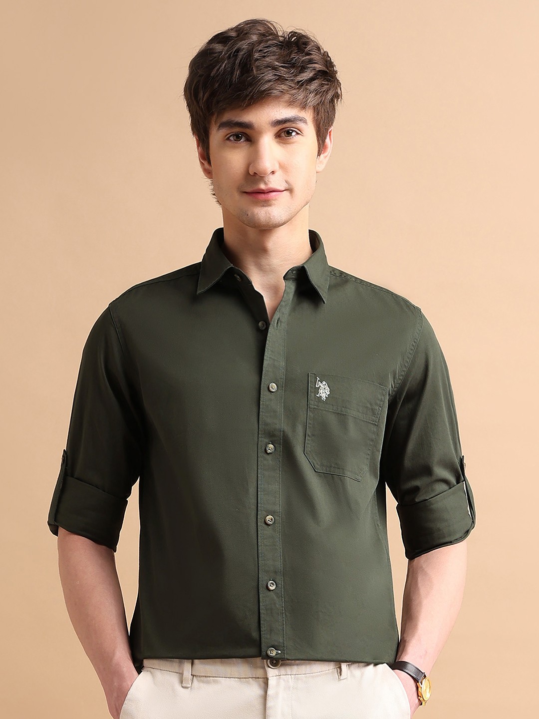 

U.S. Polo Assn. Denim Co. Men Cotton Roll-Up Sleeves Casual Shirt, Green