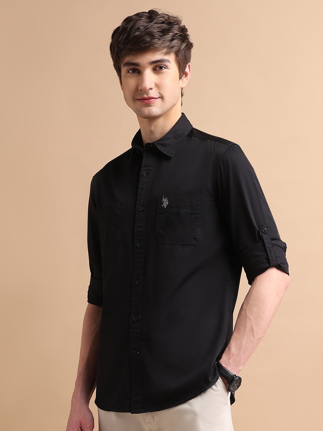 

U.S. Polo Assn. Denim Co. Men Cotton Roll-Up Sleeves Casual Shirt, Black