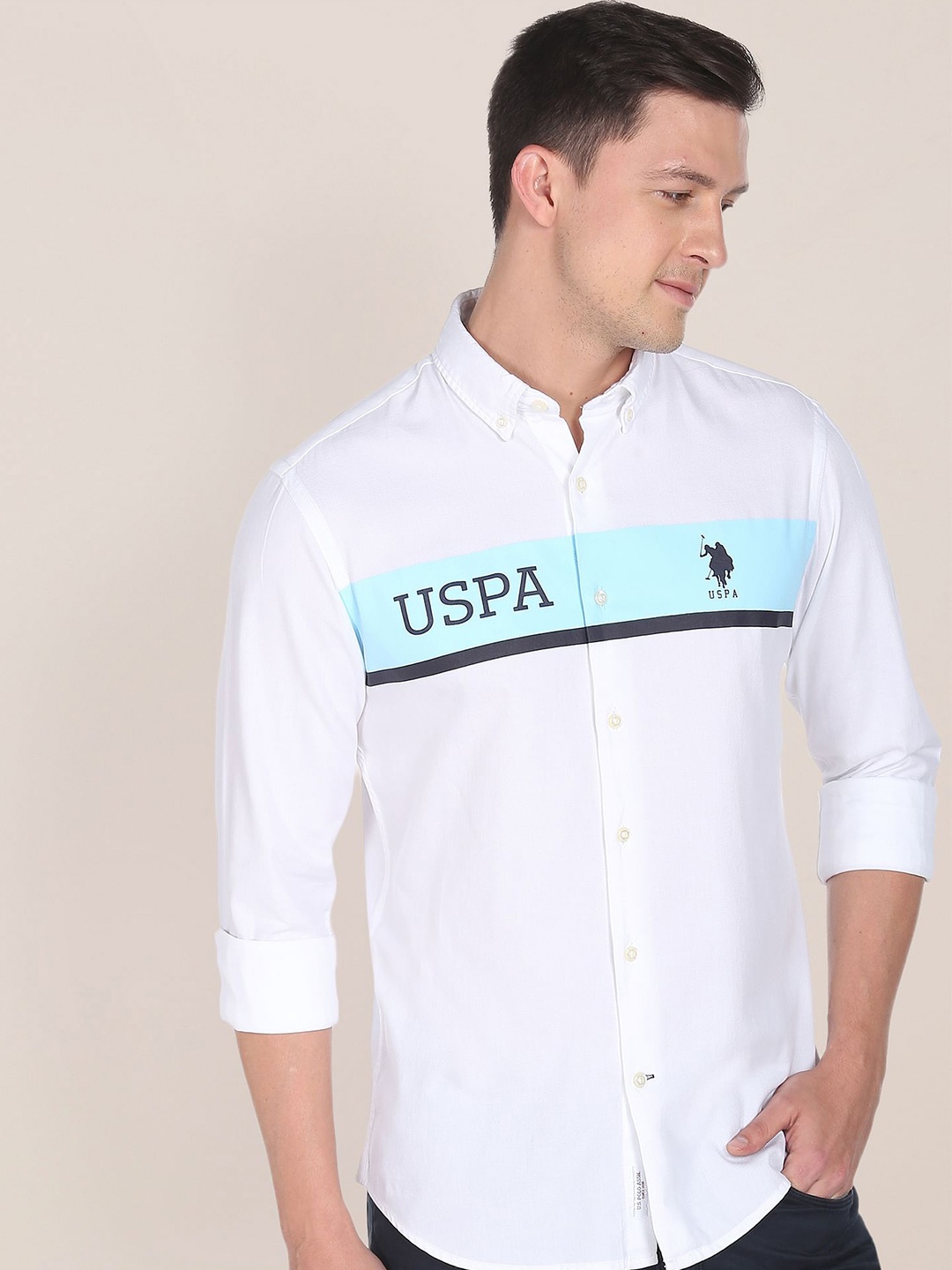 

U S Polo Assn Men White Printed Cotton Casual Shirt