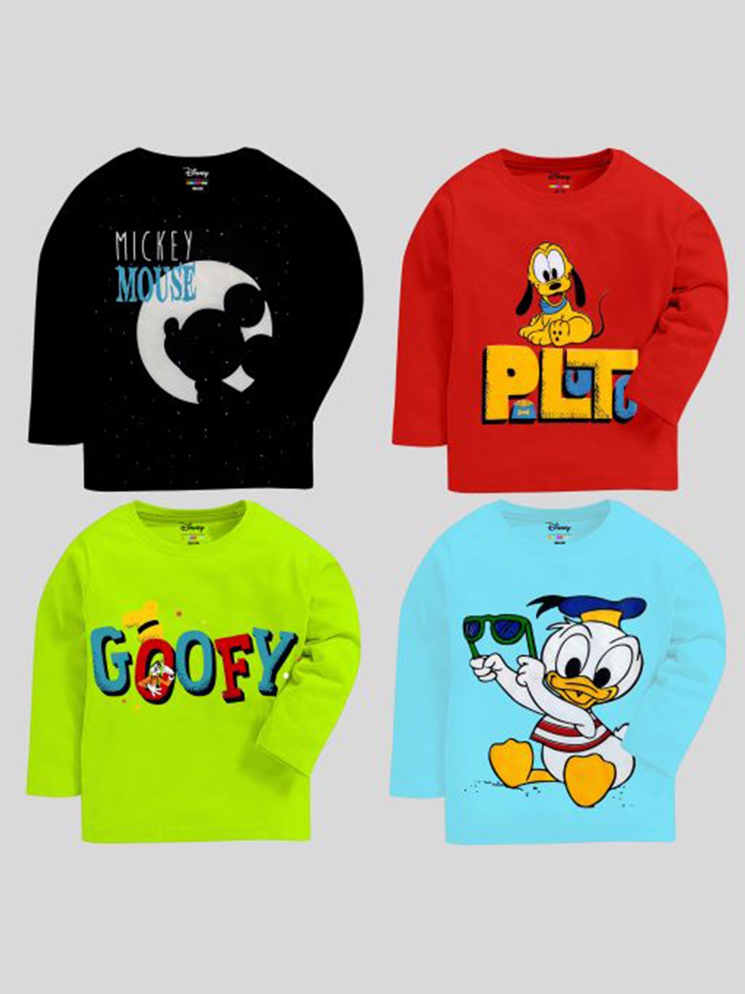 

KUCHIPOO Boys Pack Of 4 Mickey & Friends Printed Cotton Round Neck T-shirts, Black