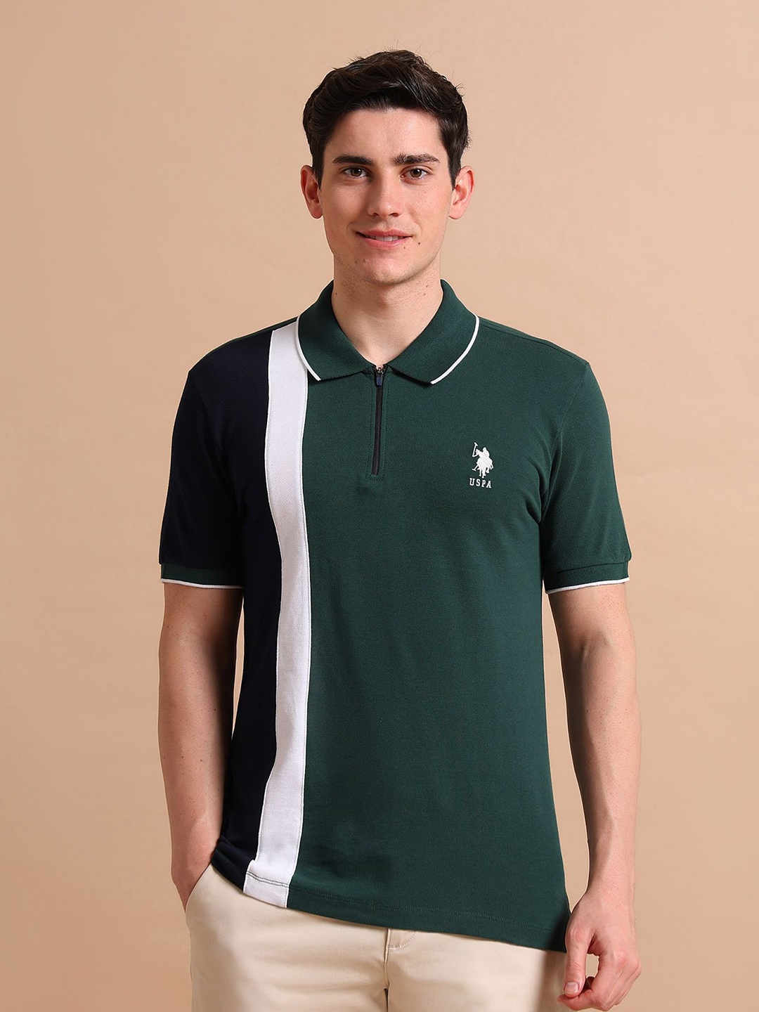 

U.S. Polo Assn. Men Colourblocked Polo Collar Slim Fit Pure Cotton T-shirt, Green