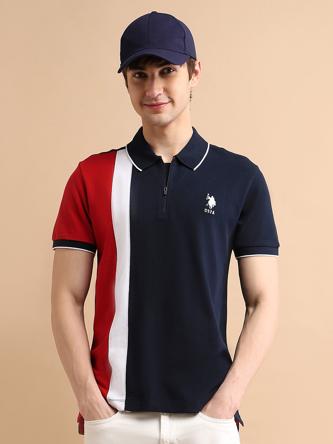 

U.S. Polo Assn. Men Colourblocked Polo Collar Slim Fit Pure Cotton T-shirt, Blue