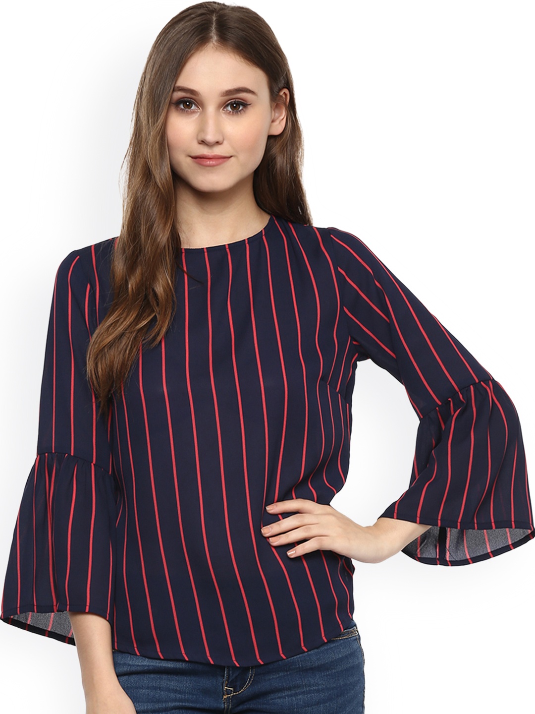 

Harpa Women Navy Blue & Red Striped Top