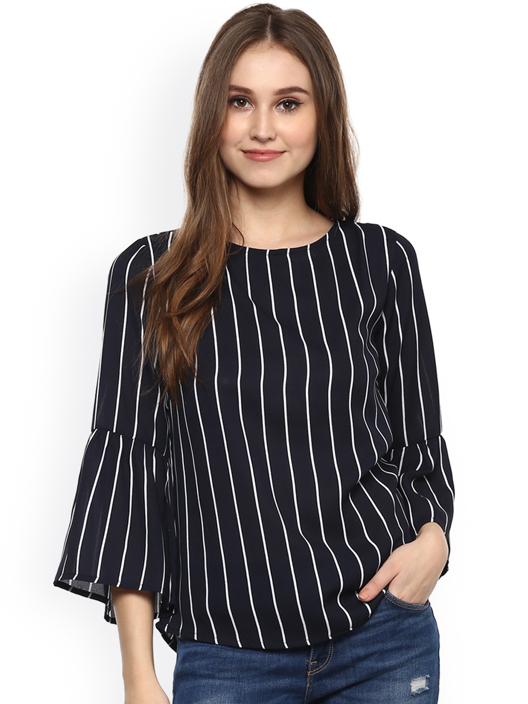 

Harpa Women Navy Blue & White Striped Top