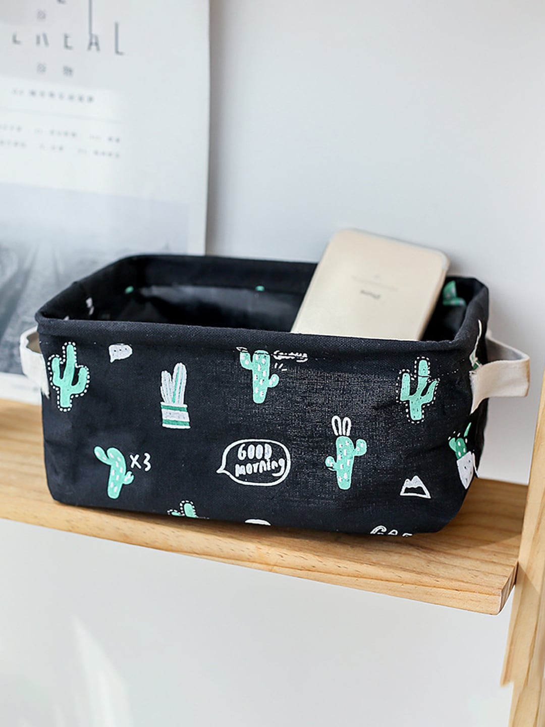 

MARKET99 Black Printed Canvas Fabric Organiser With Handles