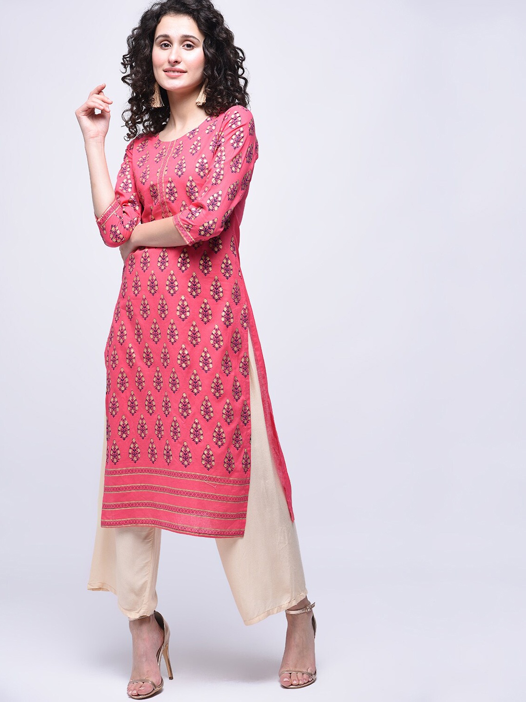 

ZOEYAMS Ethnic Motifs Printed Block Print Kurta, Peach