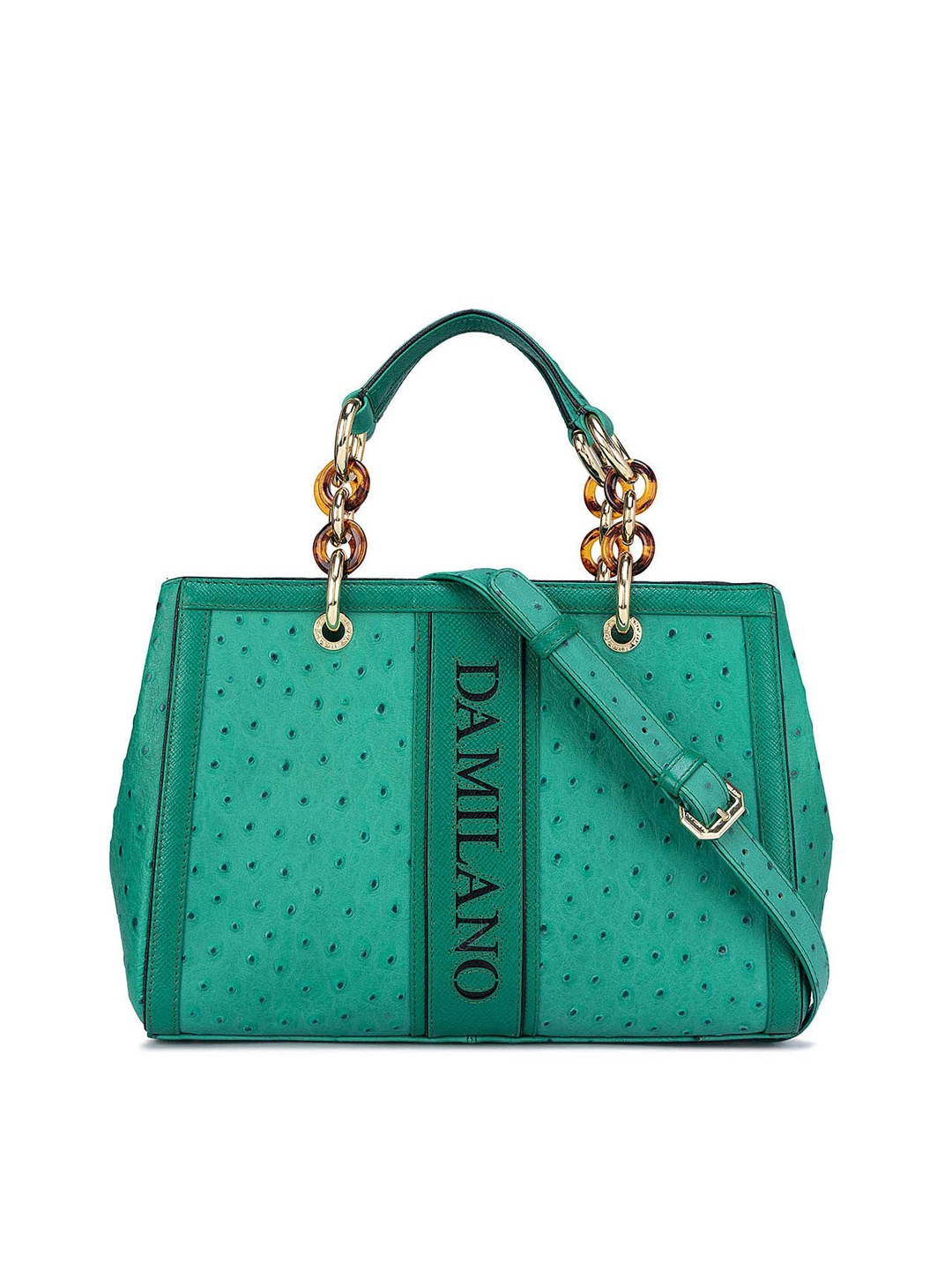 

Da Milano Green Leather Bowling Handheld Bag with Cut Work