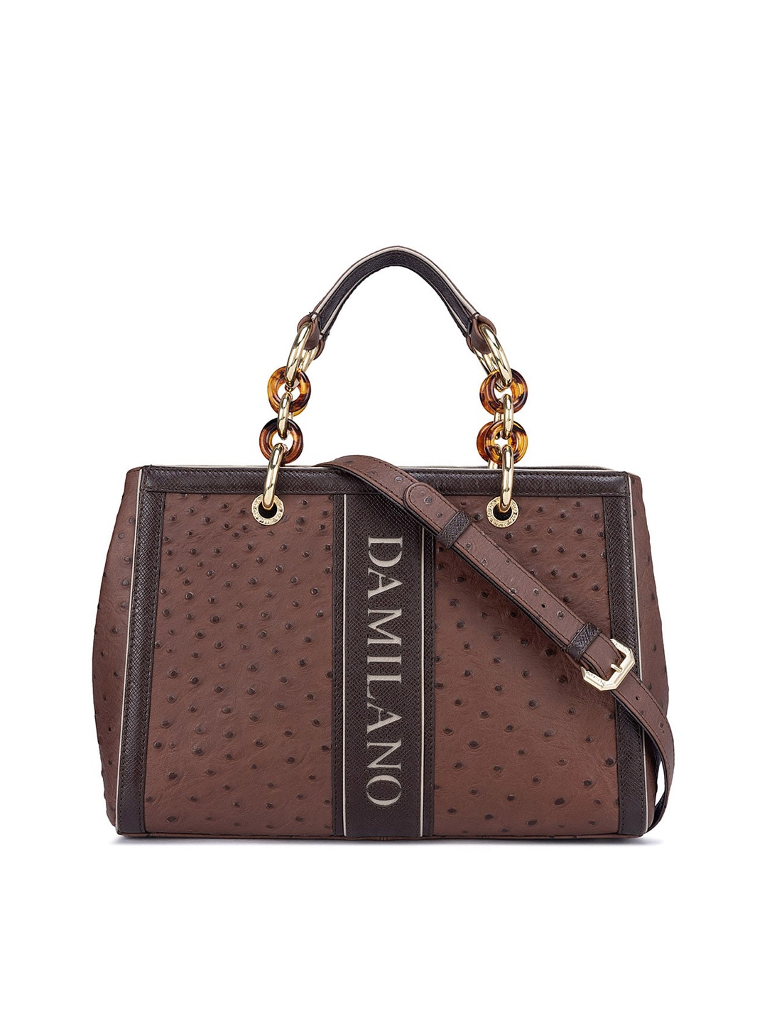 

Da Milano Brown Embellished Leather Bowling Satchel with Cut Work