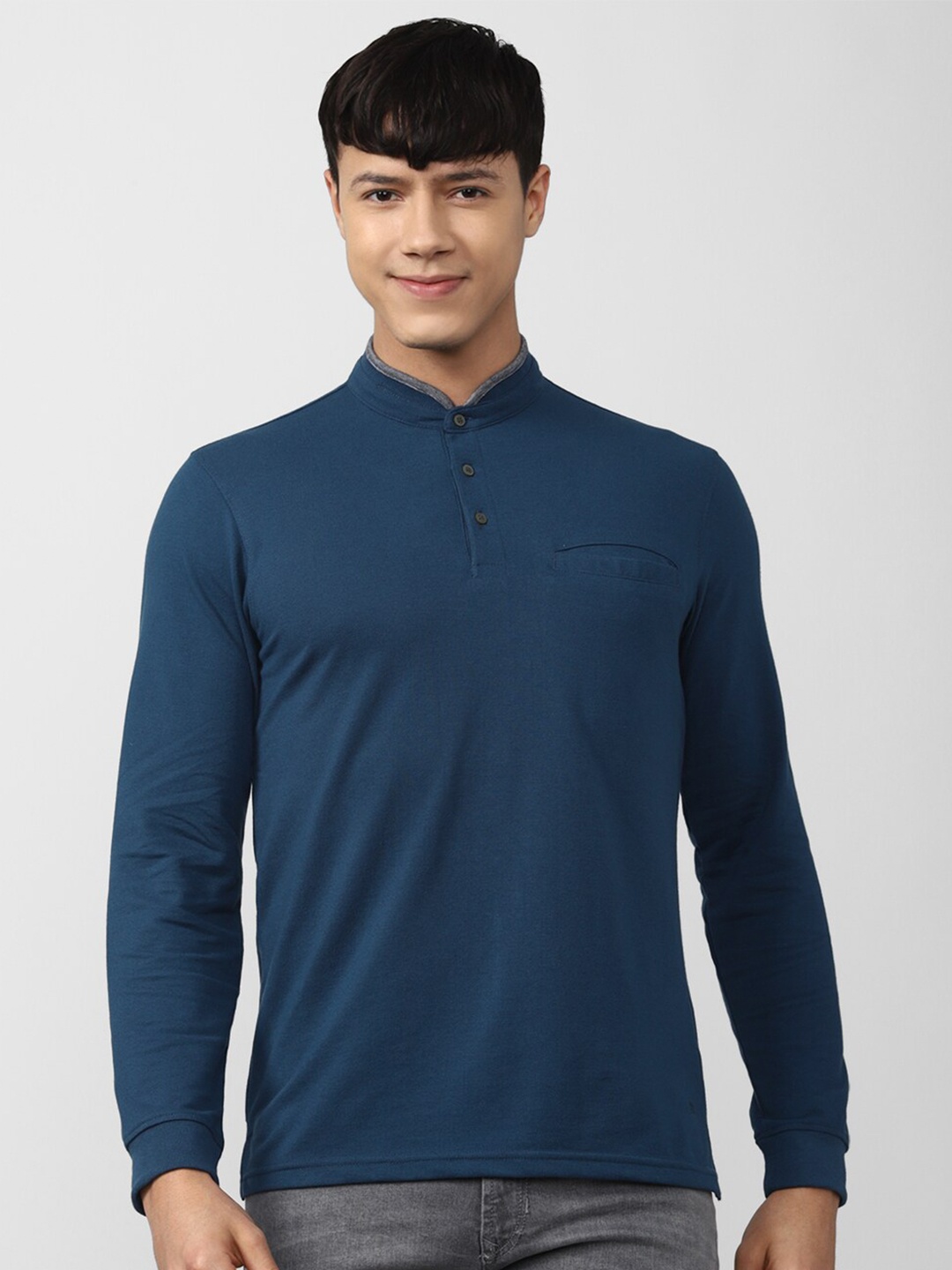

Peter England Casuals Men Cotton Mandarin Collar T-shirt, Blue