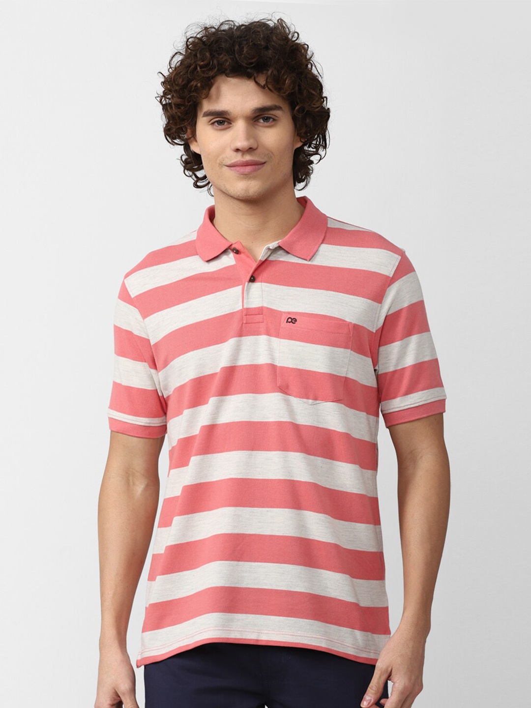

Peter England Casuals Men Cotton Striped Polo Collar T-shirt, Coral