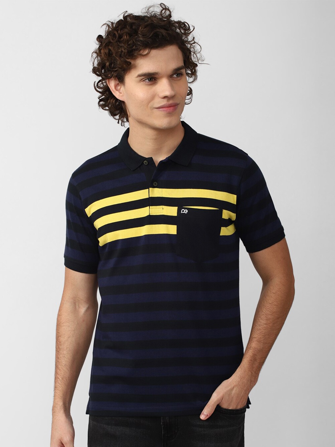

Peter England Casuals Men Cotton Striped Mandarin Collar T-shirt, Navy blue