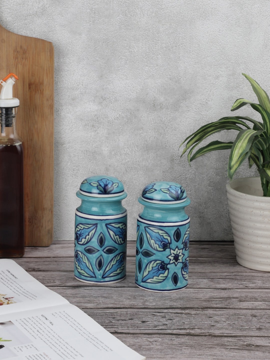 

VarEesha Vrinda Set Of 2 Printed Air Tight Ceramic Pickle Jars 275 ml Each, Green