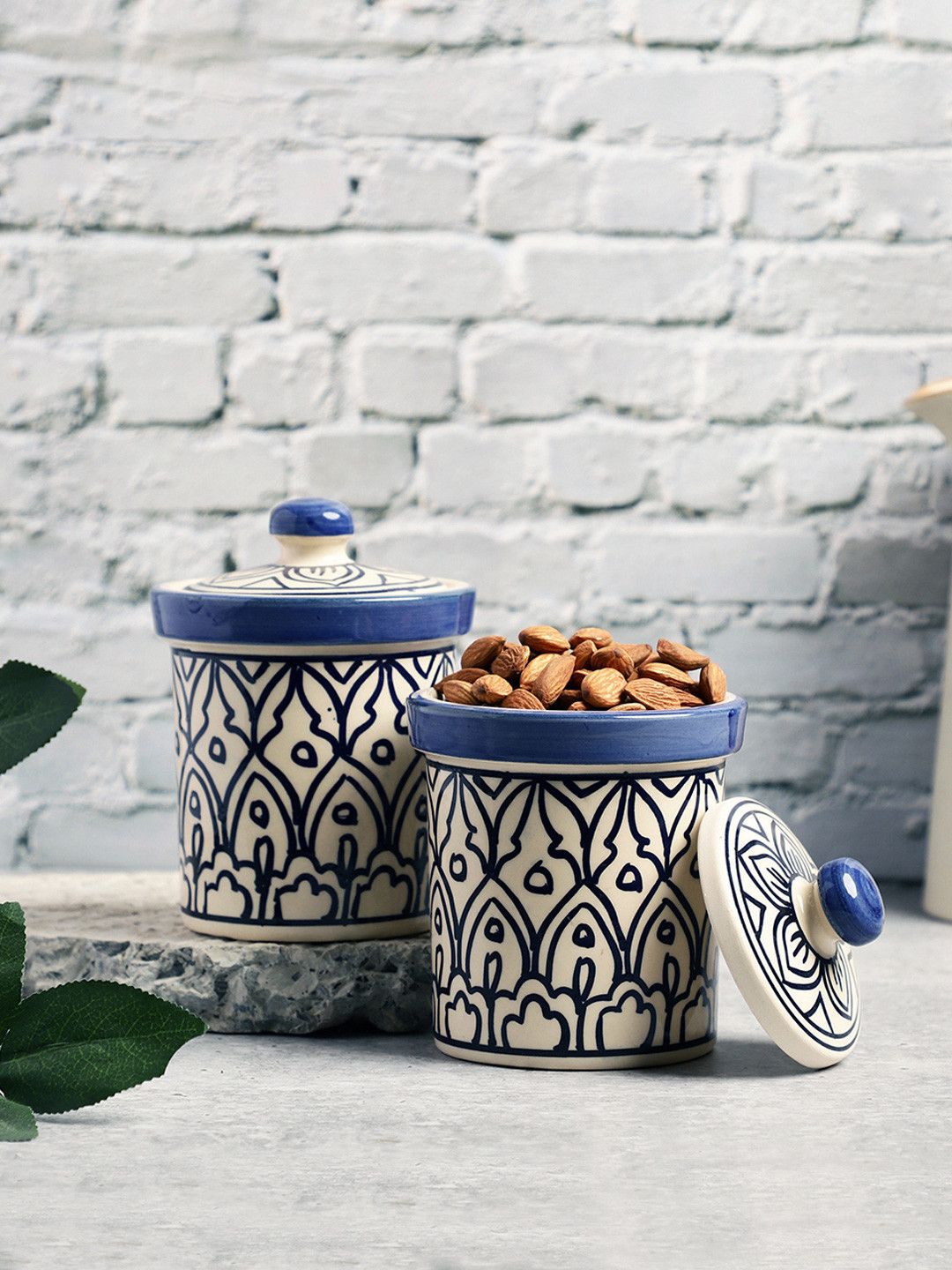 

VarEesha Mehraab Set Of 2 Printed Ceramic Storage Jars 300 ml Each, Off white