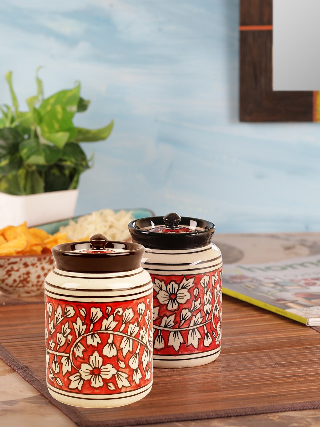 

VarEesha Set of 2 Printed Ceramic Food Container Jars, Red