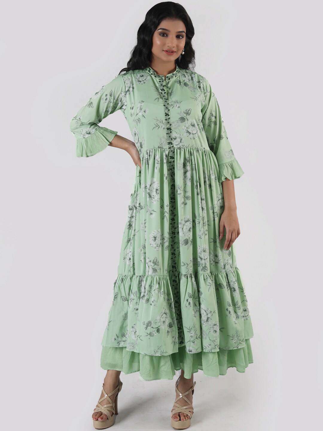 

taruni Floral Printed Thread Work Crepe Anarkali Kurta, Green