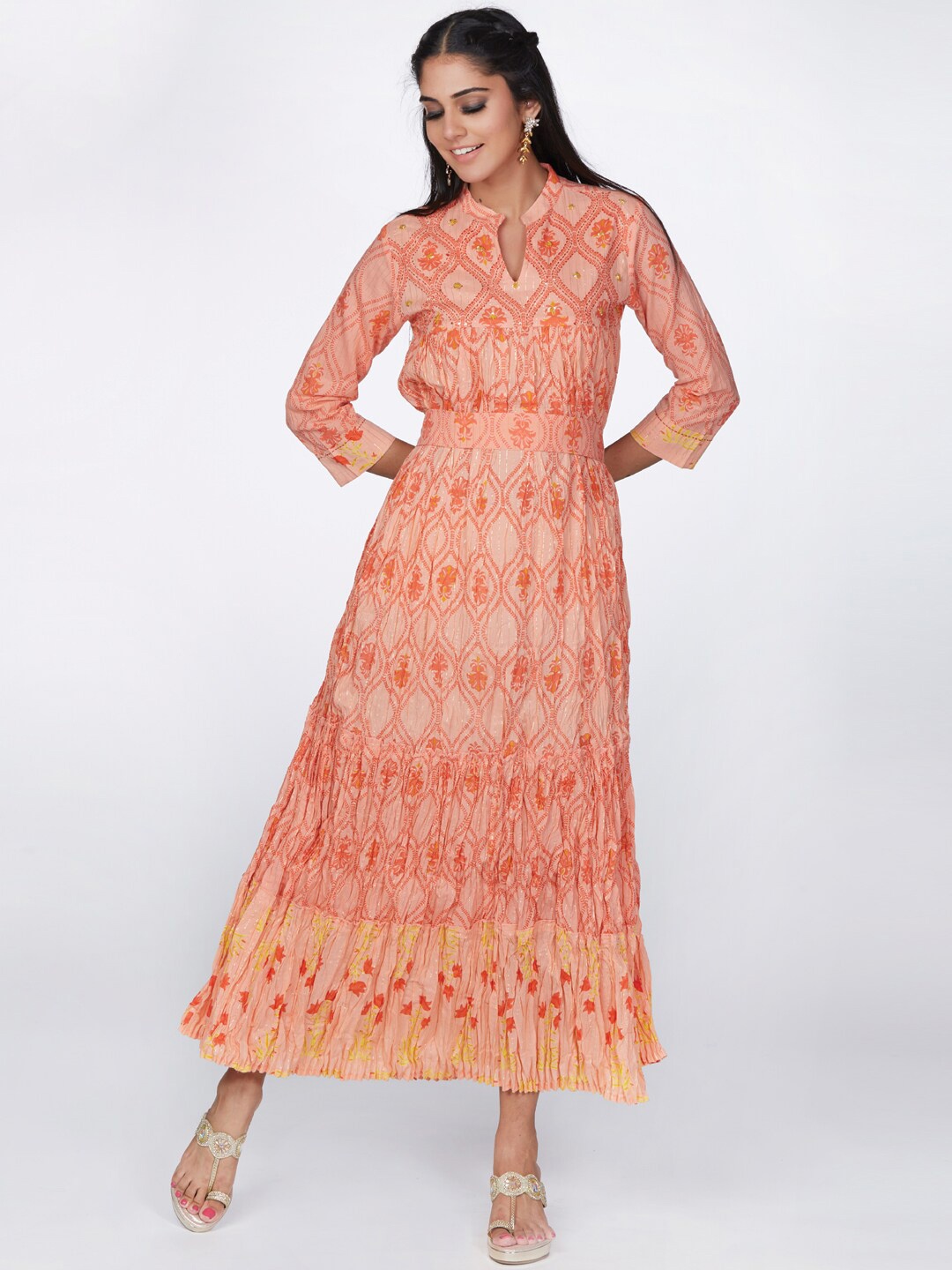 

taruni Floral Printed Floral Cotton Anarkali Kurta, Peach