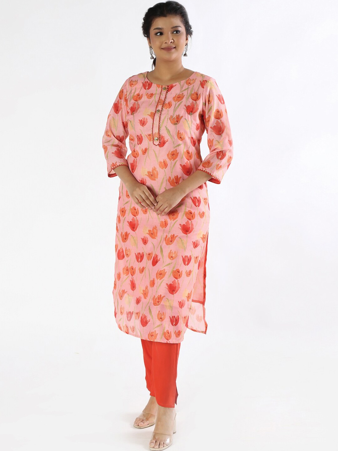 

taruni Women Floral Printed Gotta Patti Kurta with Trouser Set, Peach