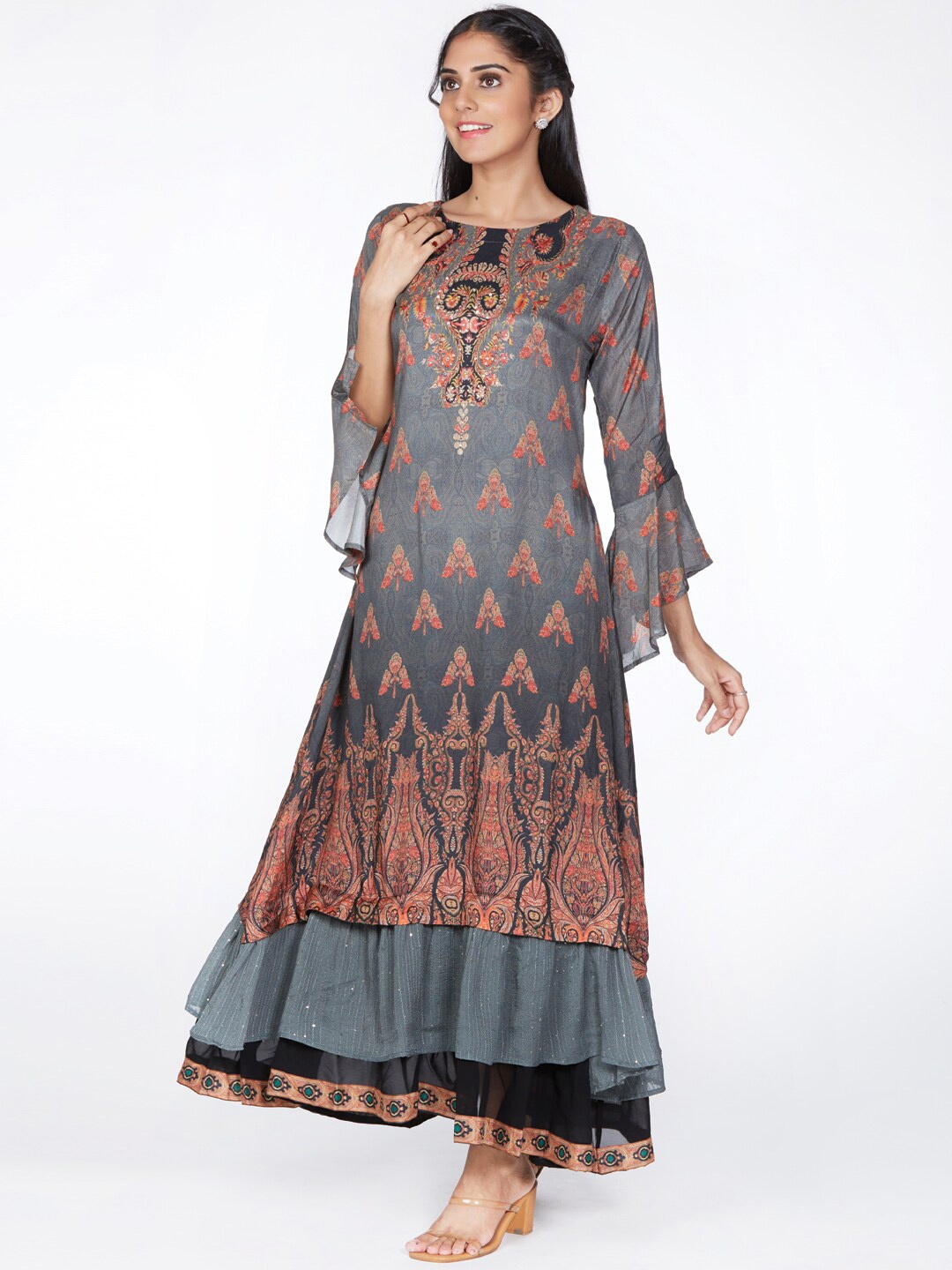 

taruni Ethnic Motifs Printed Flared Sleeves Kurta, Grey