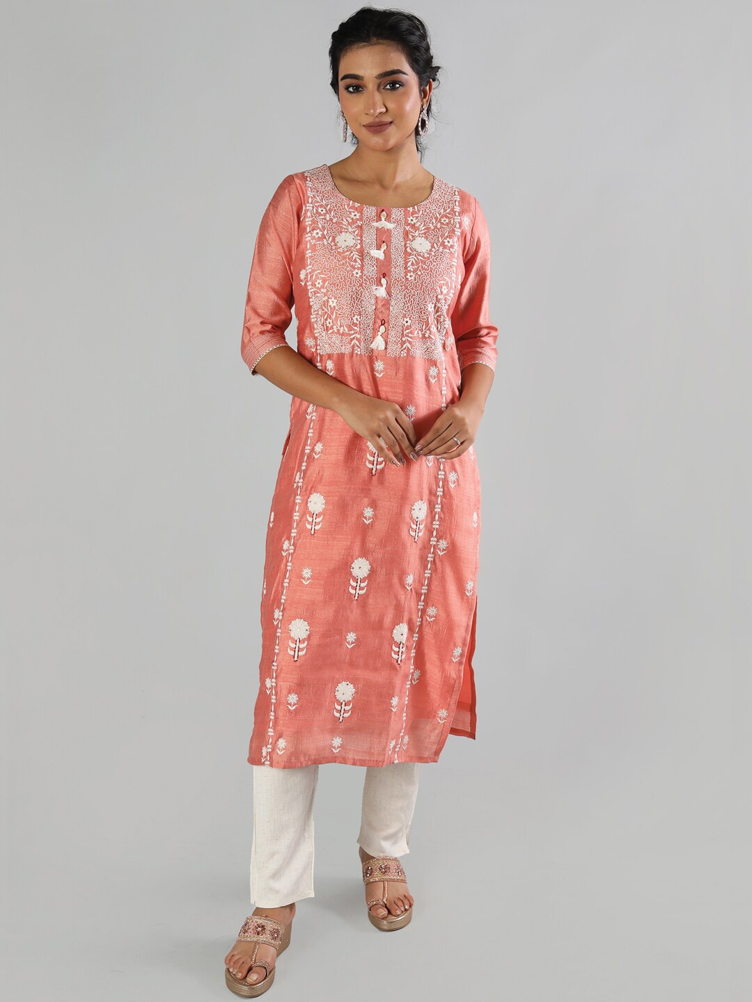 

taruni Women Floral Embroidered Pure Cotton Kurta with Trouser Set, Peach