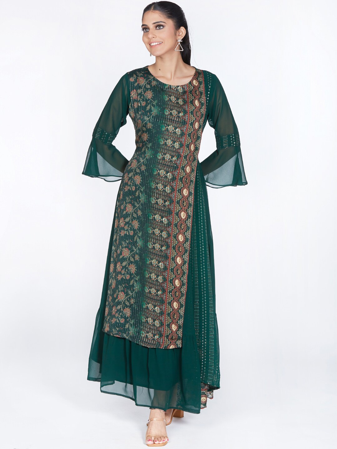 

taruni Women Ethnic Motifs Printed Bell Sleeves Georgette Anarkali Kurta, Green