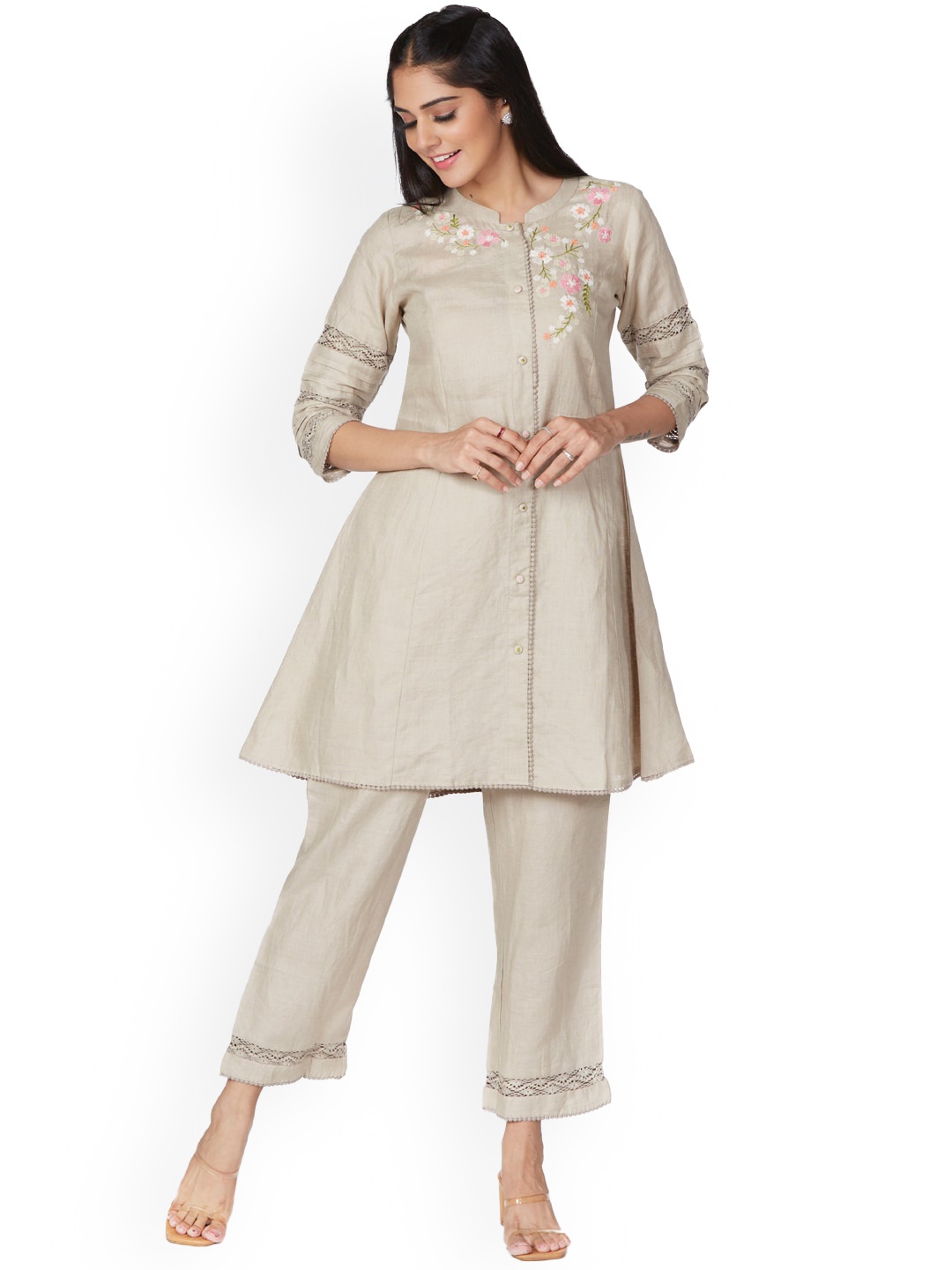 

taruni Women Floral Embroidered Pure Cotton Kurti with Trouser Set, Beige