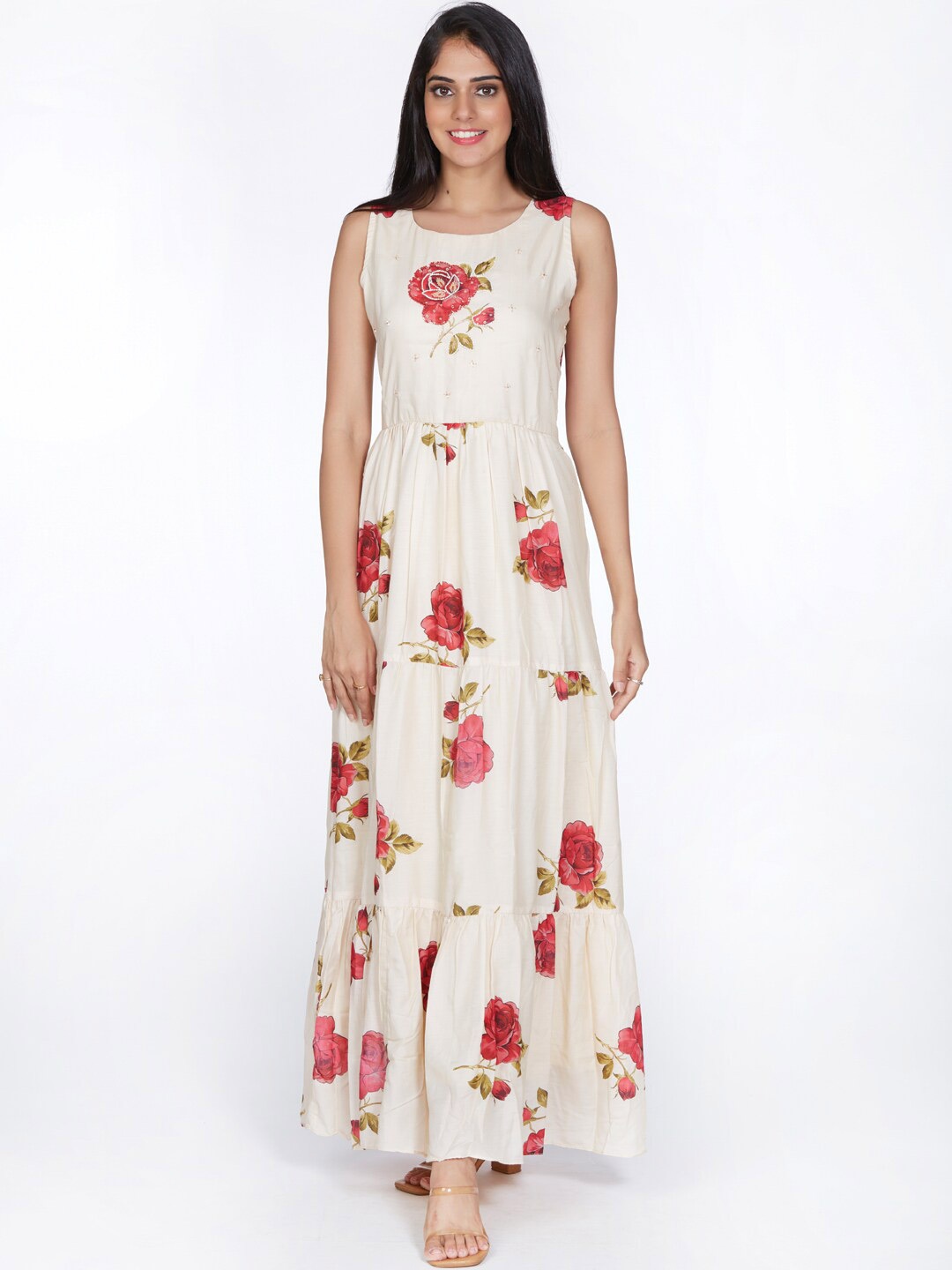 

taruni Floral Printed Tiered Ethnic Dresses, Beige