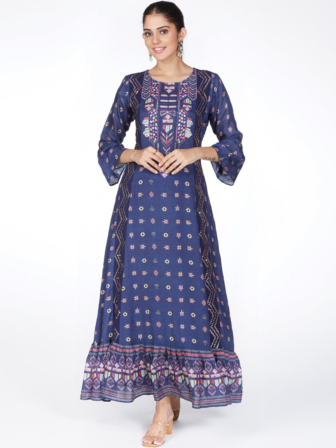

taruni Women Ethnic Motifs Printed Bell Sleeves Georgette Ethnic Dress, Navy blue