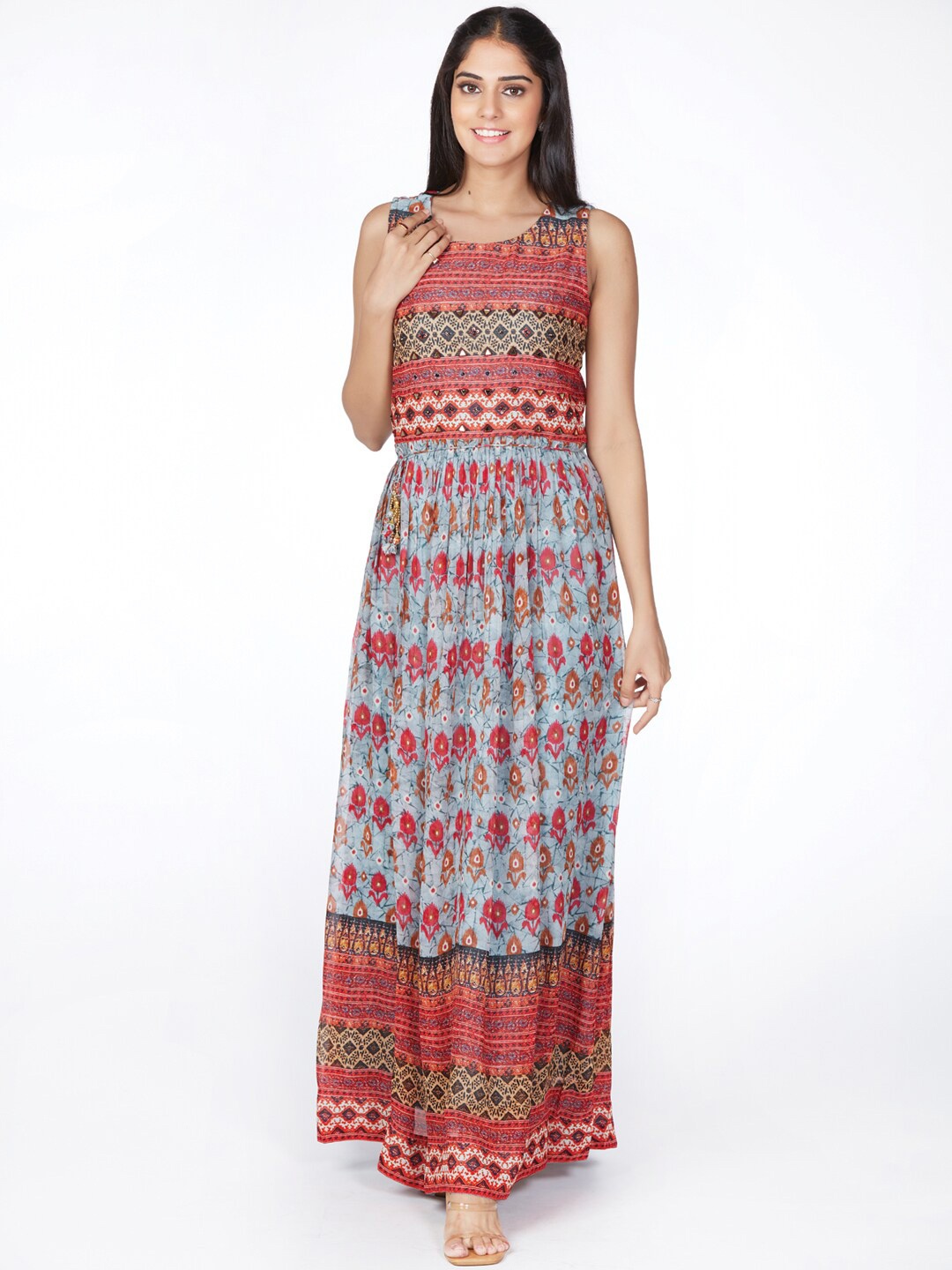 

taruni Women Ethnic Motifs Printed Mirror Work Georgette Ethnic Dress, Orange