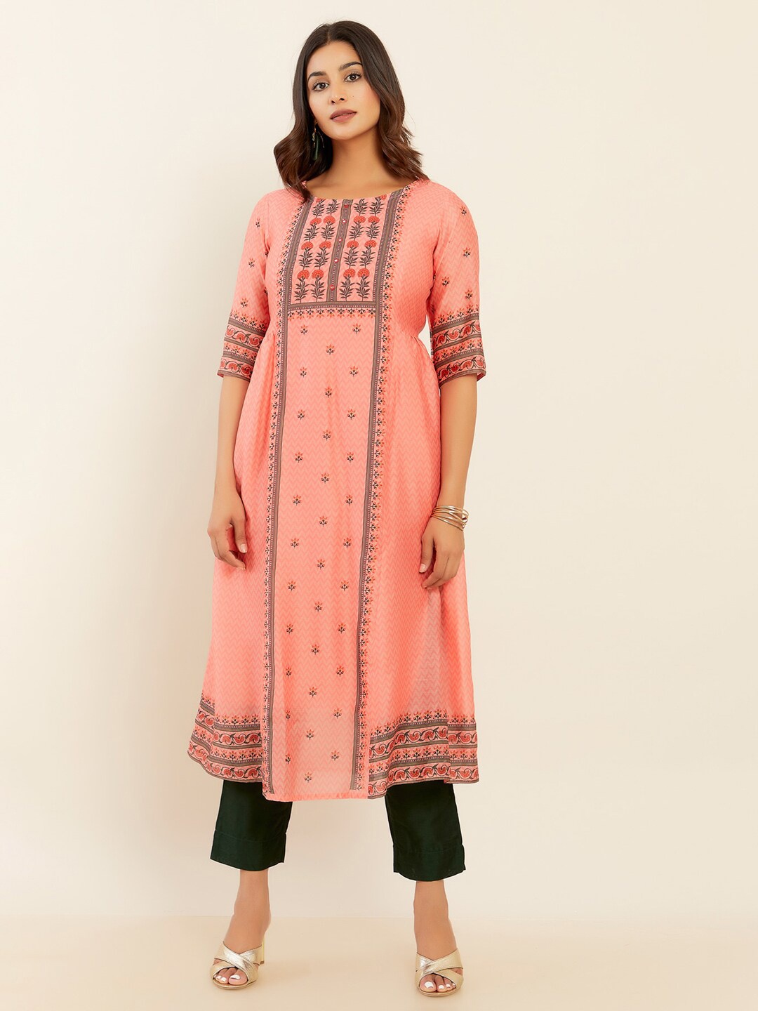 

Maybell Ethnic Motifs Printed Mirror Work Chanderi Silk Anarkali Kurta, Peach