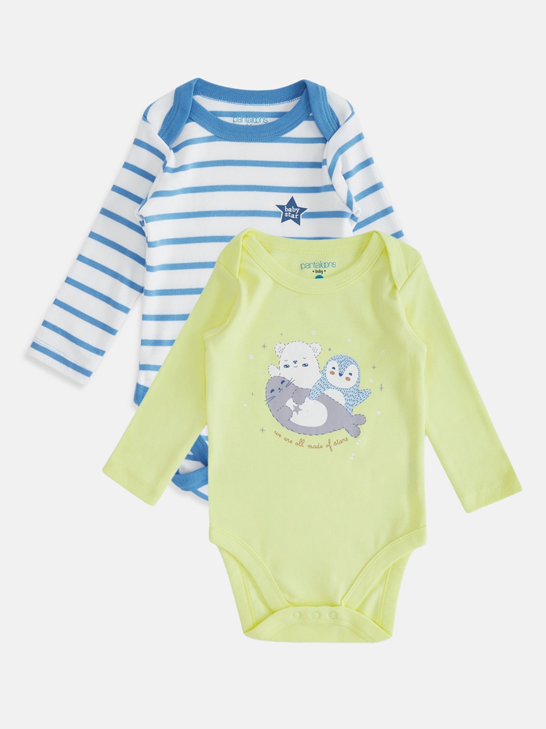 

Pantaloons Baby Infant Boys Pack Of 2 Self-Design Cotton Bodysuit, Yellow