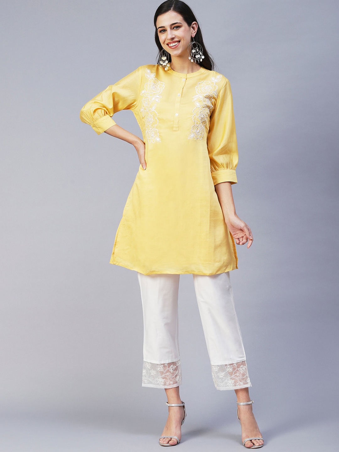 

FASHOR Ethnic Motifs Embroidered Thread Work Kurti with Trousers, Yellow