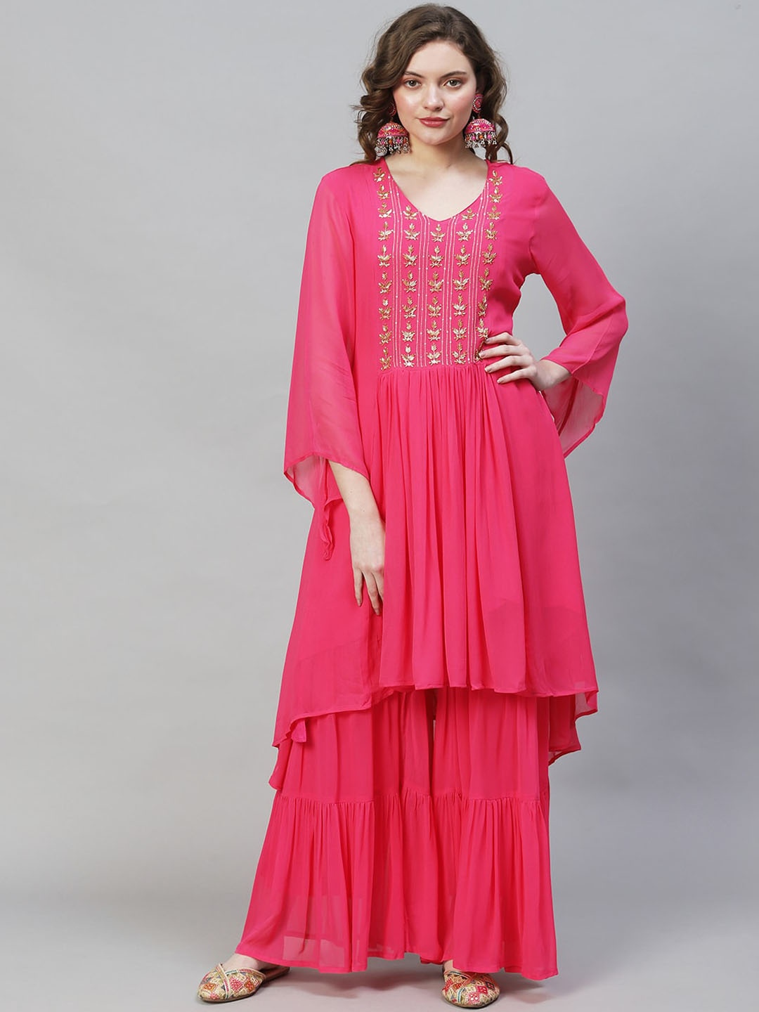 

FASHOR Ethnic Motifs Embroidered Pleated Sequinned Kurta with Sharara, Pink