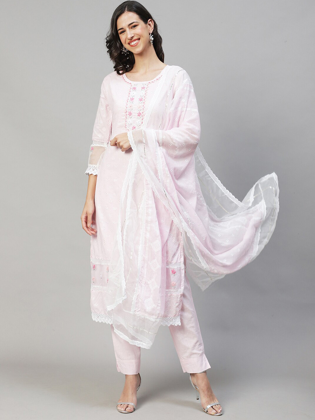 

FASHOR Floral Embroidered Beads and Stones Pure Cotton Kurta with Trousers & With Dupatta, Pink