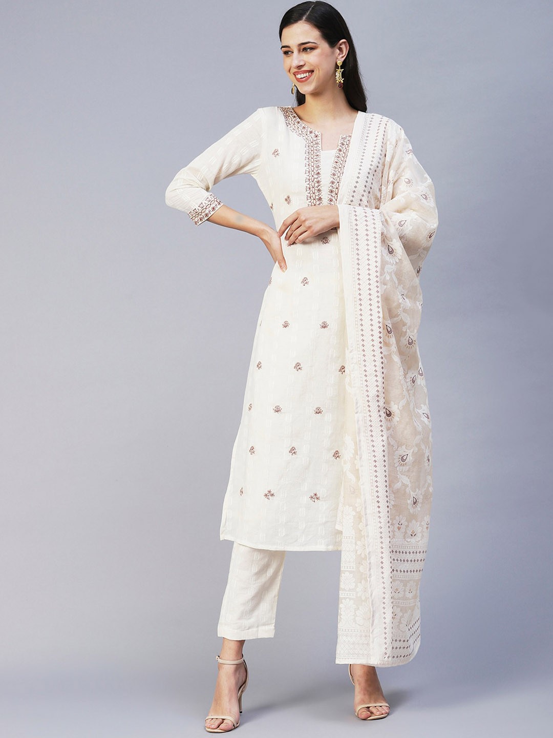 

FASHOR Floral Embroidered Thread Work Pure Cotton Kurta with Trousers & With Dupatta, Off white