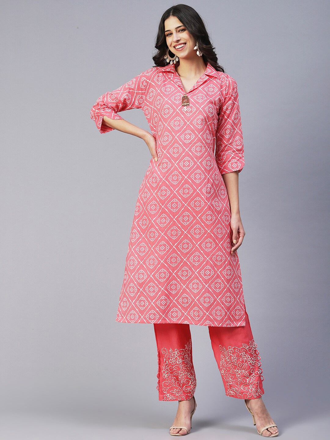 

FASHOR Bandhani Printed Thread Work Pure Cotton Kurta with Trousers, Coral