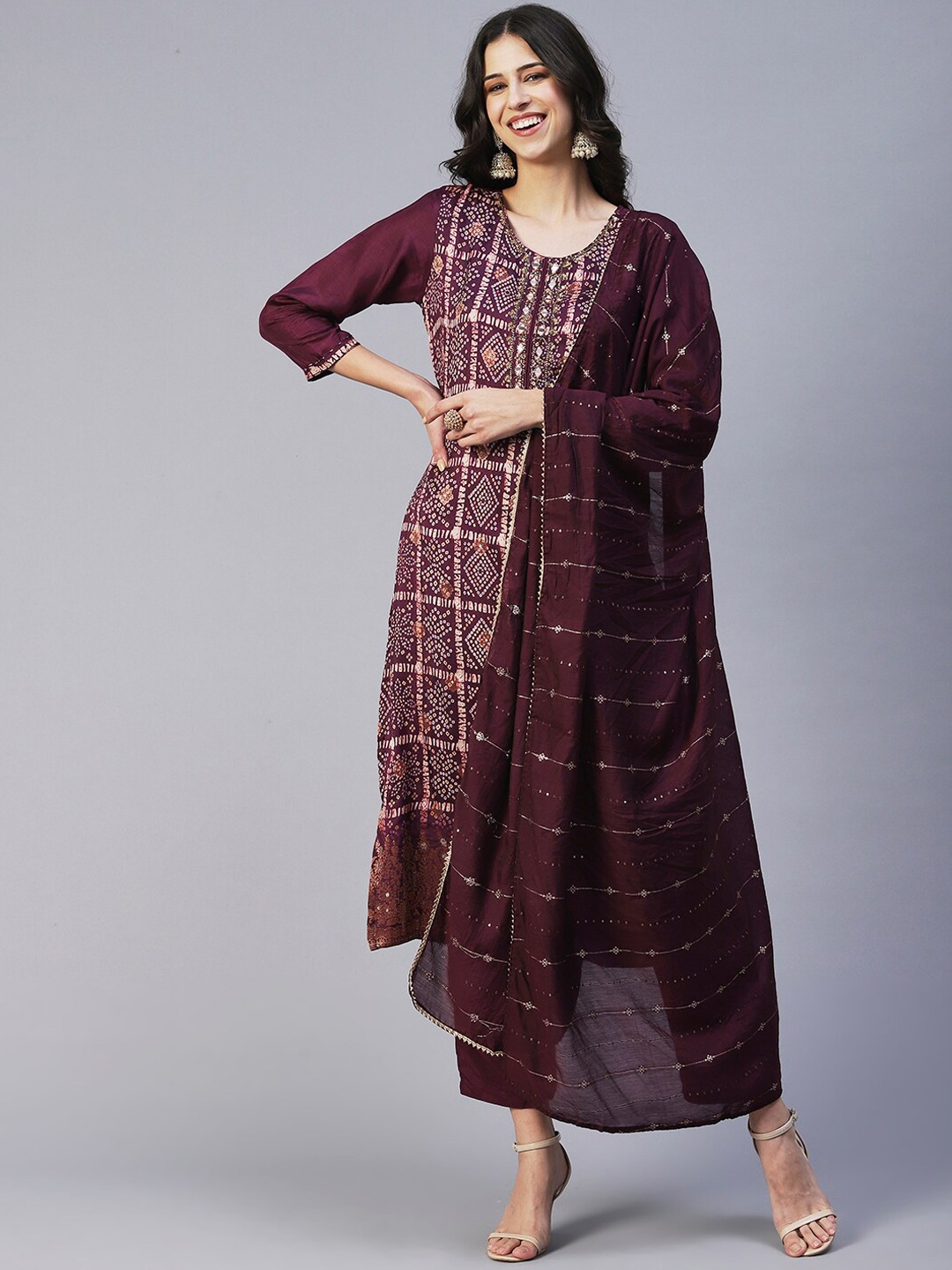 

FASHOR Bandhani Printed Mirror Work Kurta with Trousers & With Dupatta, Violet