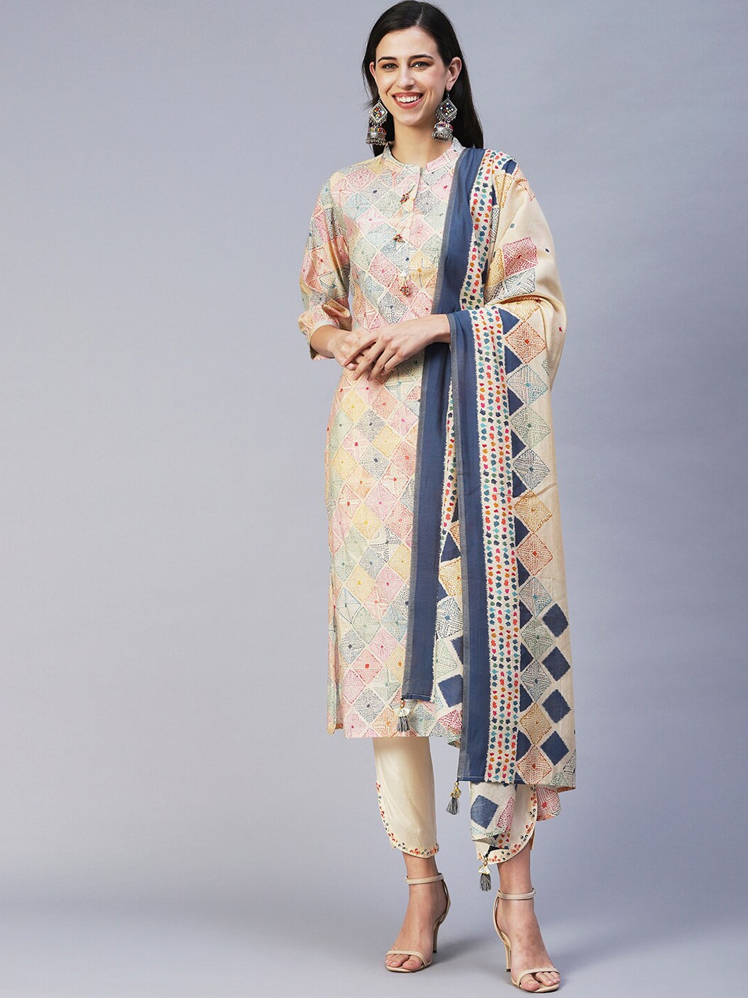 

FASHOR Printed Thread Work Silk Kurta with Trousers & With Dupatta, Cream