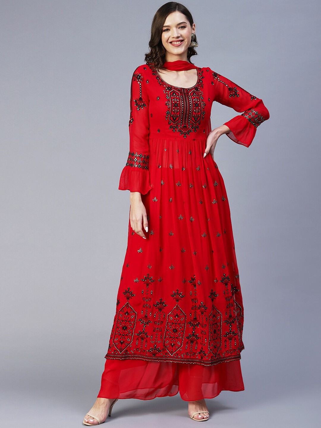 

FASHOR Ethnic Motifs Embroidered Empire Sequinned Kurta with Palazzos & With Dupatta, Red