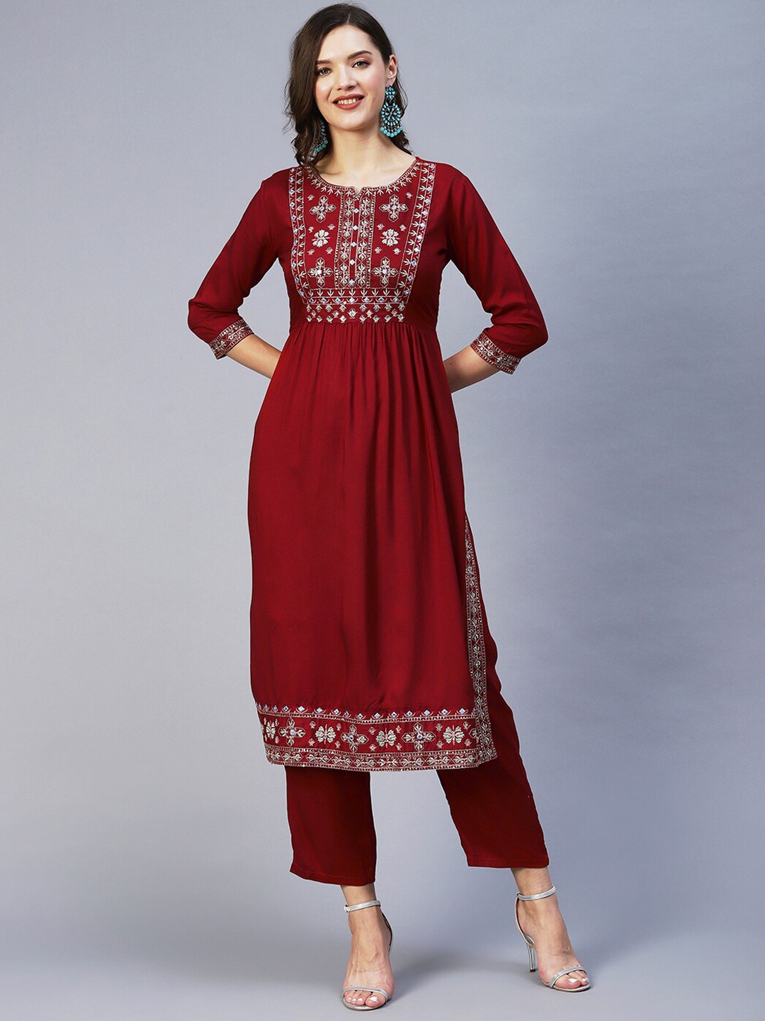 

FASHOR Women Ethnic Motifs Embroidered Pleated Mirror Work Kurta with Trousers, Red