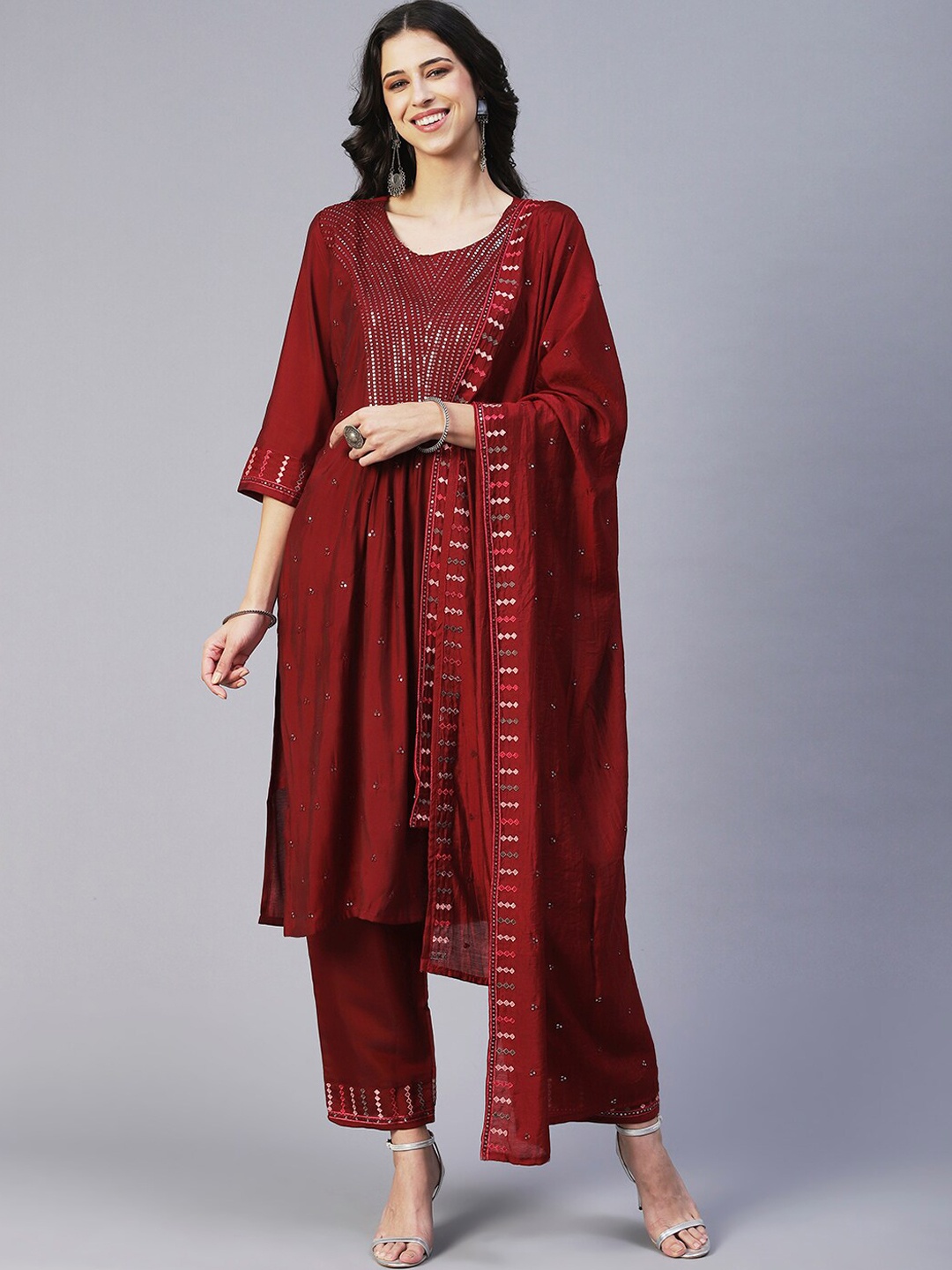 

FASHOR Women Embroidered Pleated Sequinned Kurta with Trousers & With Dupatta, Maroon