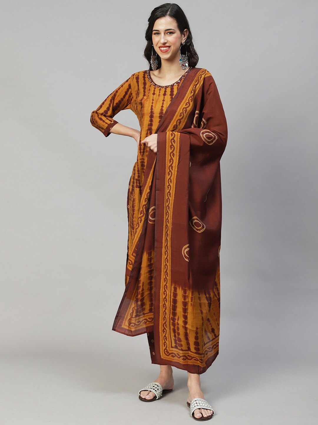 

FASHOR Women Dyed Mirror Work Kurta with Trousers & With Dupatta, Mustard