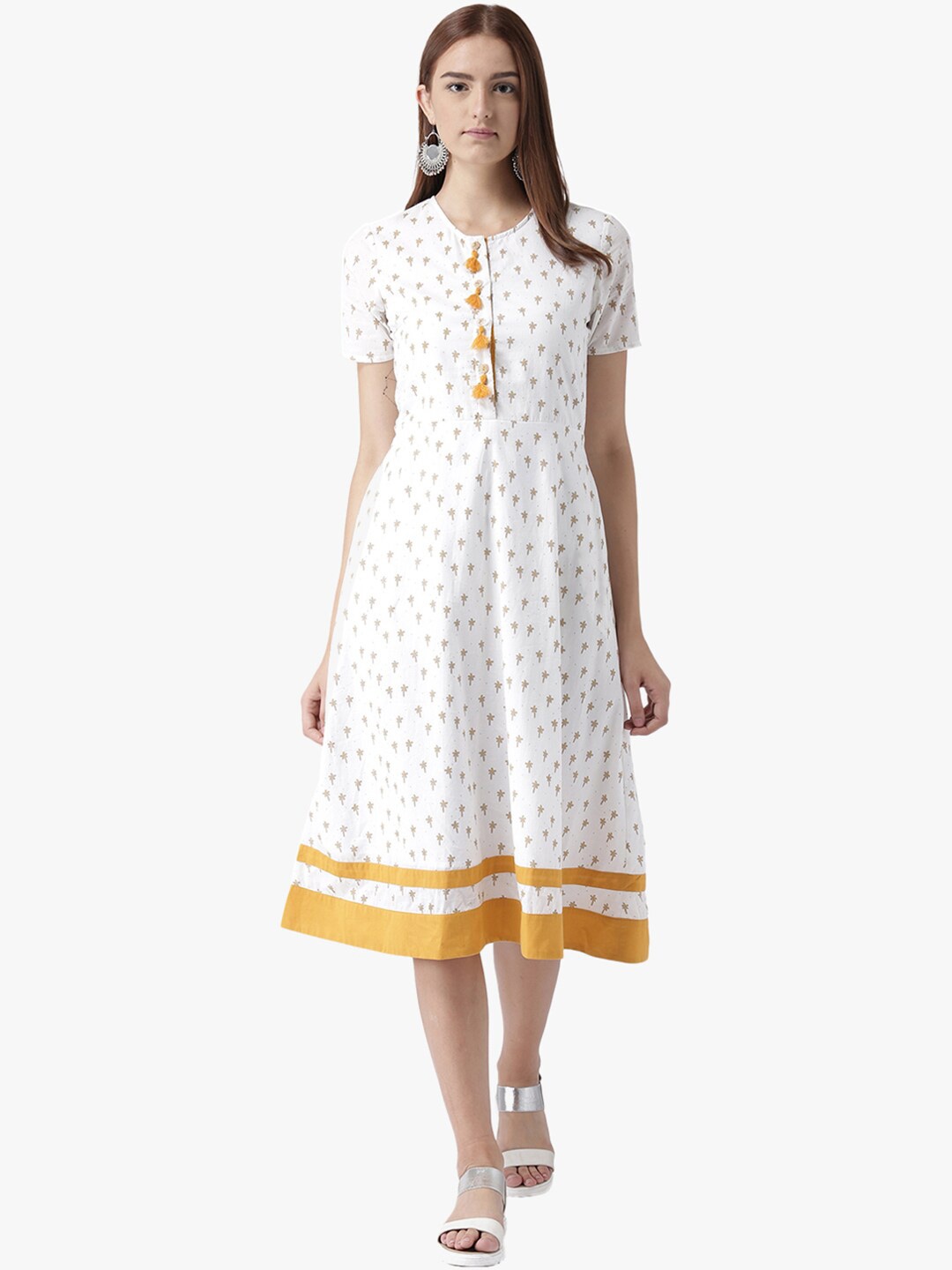 

DODO & MOA Ethnic Motifs Printed A-Line Midi Cotton Dress, White