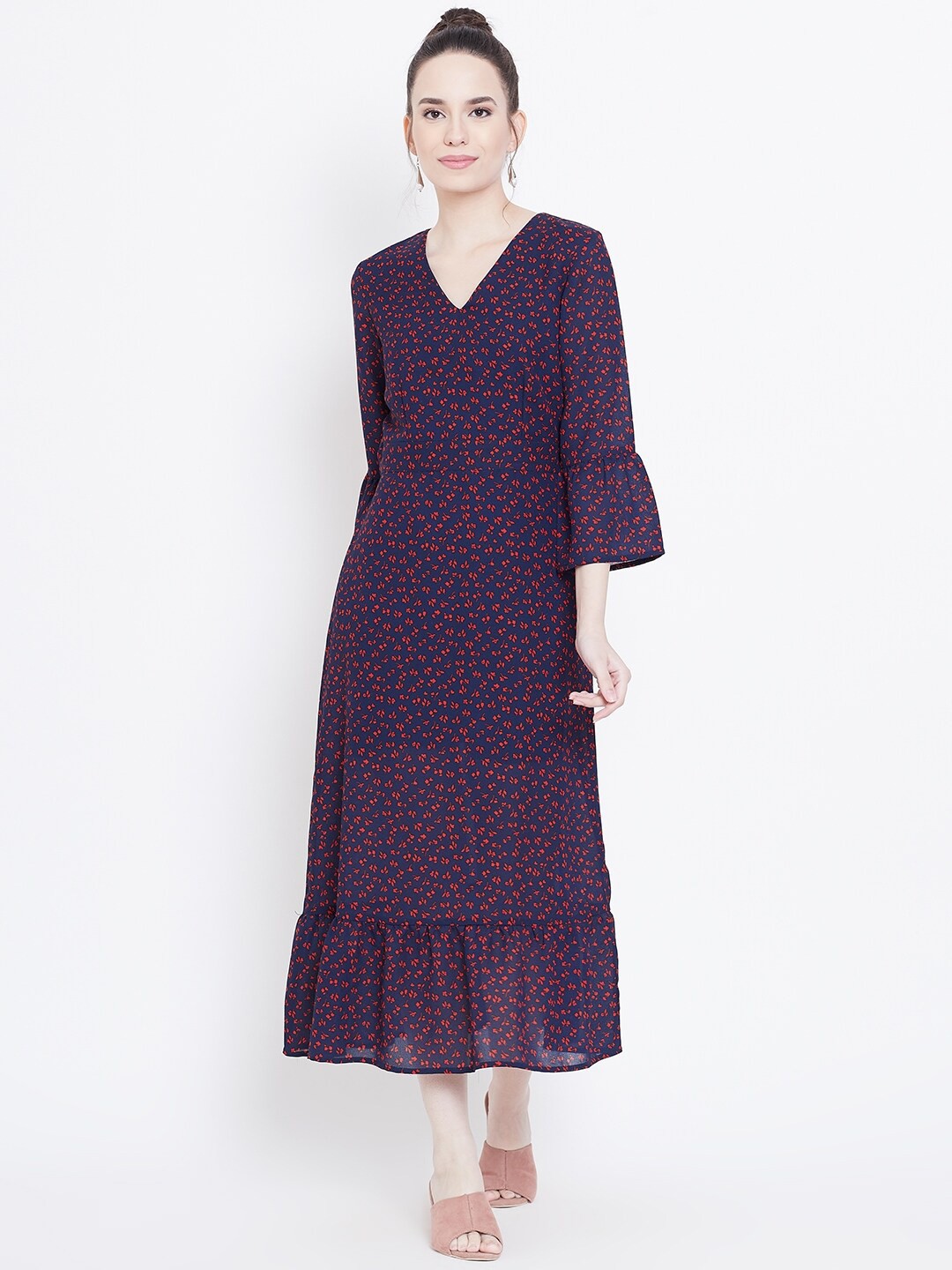 

DODO & MOA Floral Printed Georgette A-Line Midi Dress, Navy blue